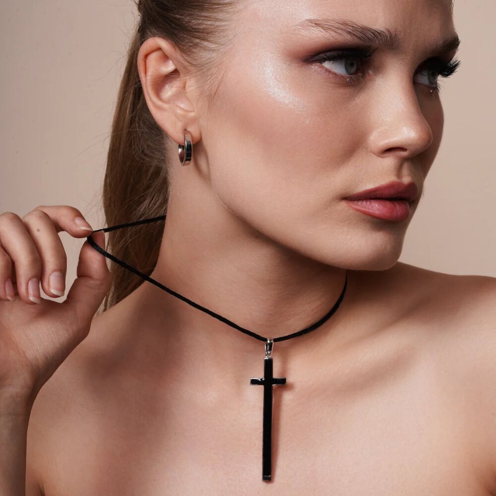 Sterling Silver 925 Rhodium Plated Black Enamel Cross Necklace